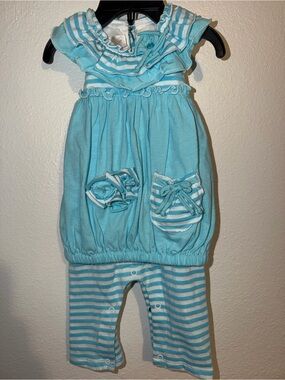 NWT Isobella & Chloe Candy Land Romper 3M Aqua Stripe Footless $40